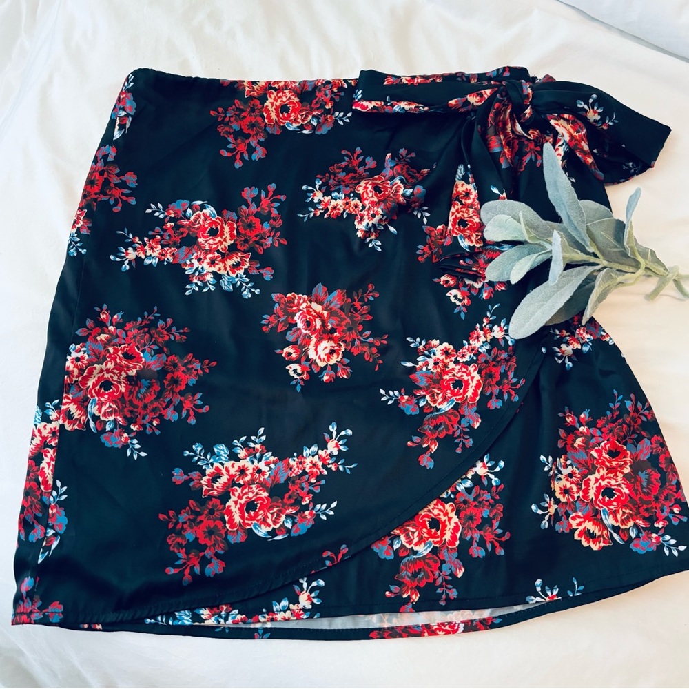 Black Midi Floral Wrap Skirt with Tie Front